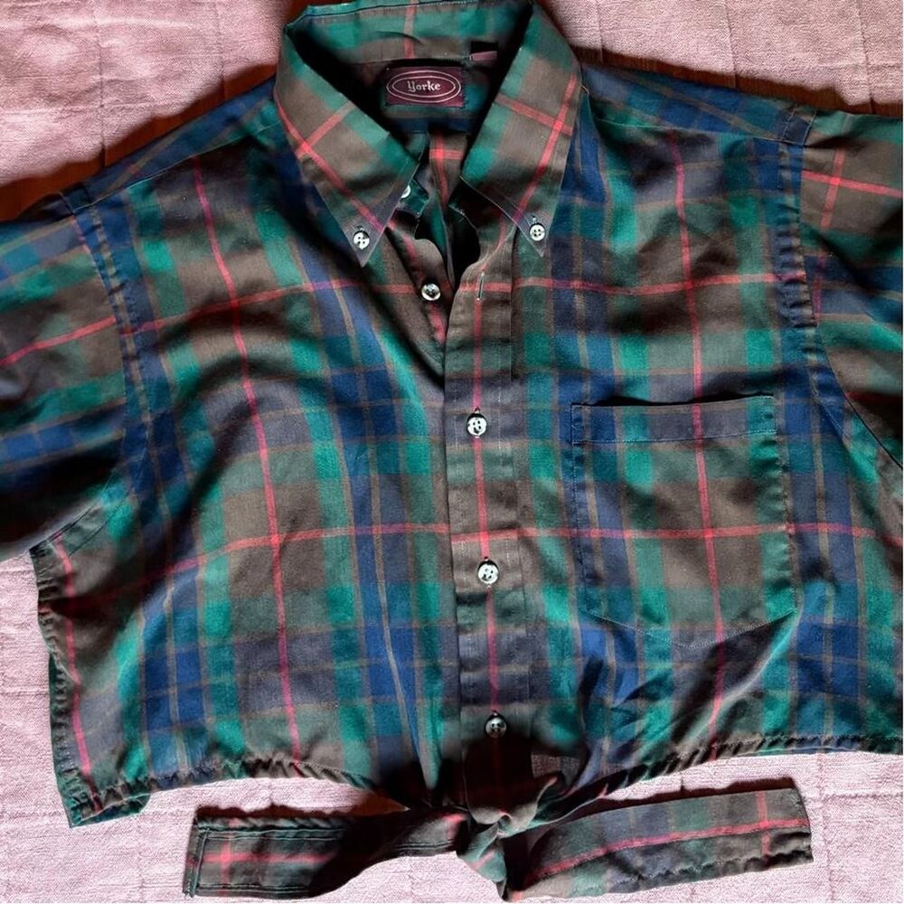 Plaid Short Sleeve Button Up- Size Large- Green Brown Blue Red- Vintage Shirt